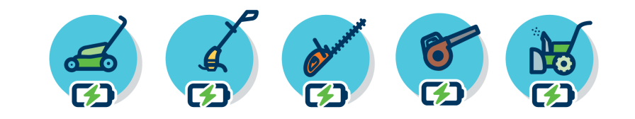 Icons representing an electric lawn mower, trimmer, leaf blower, and other lawn equipment.