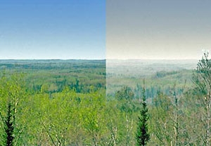 Left side of image shows a clear day overlooking a landscape, right side shows a hazy day.