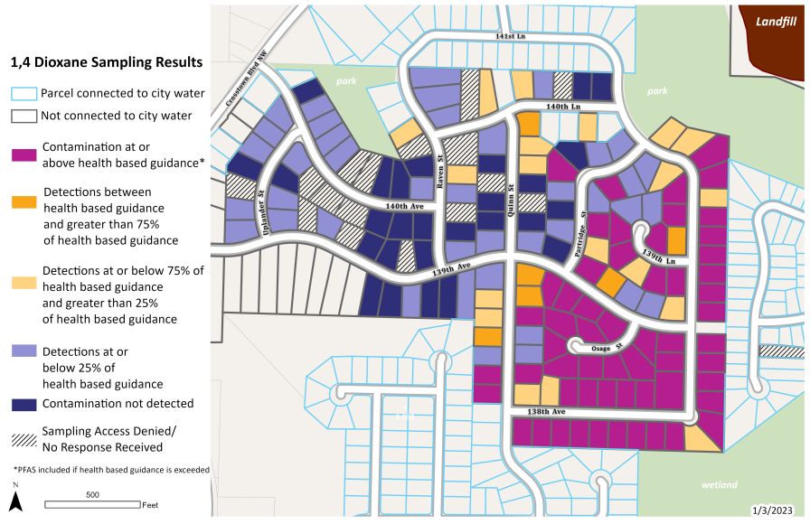 map: area of Andover where high levels of the chemical 1,4-dioxane were found in private residential wells.