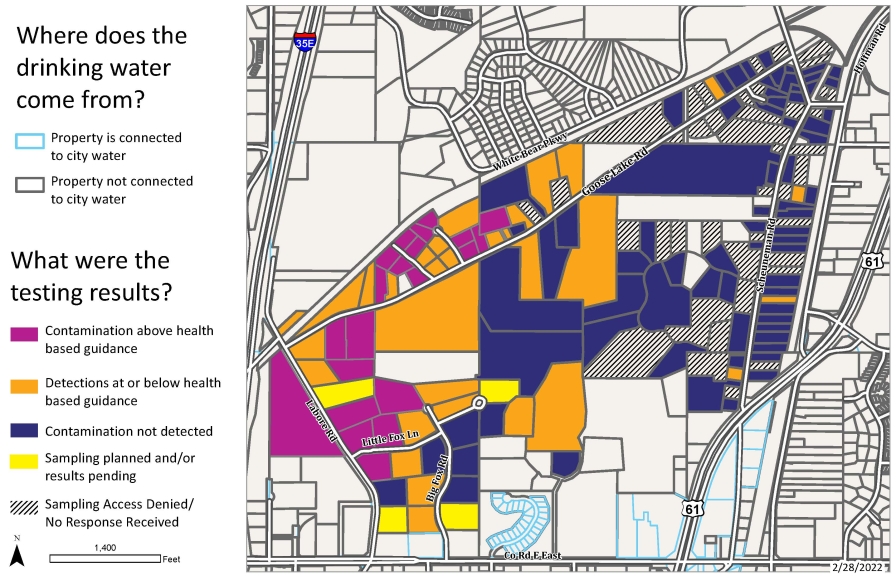 Map: area of investigation in Gem Lake where water sampling from private wells has revealed the presence of the chemical 1,4-dioxane above state health risk limits.