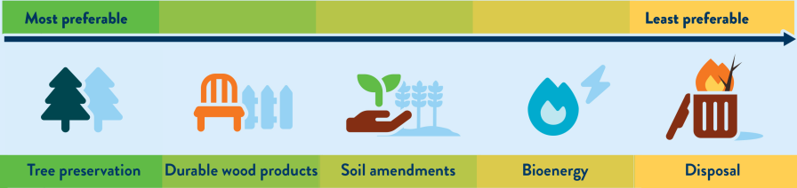 Wood waste disposal options depicted as icons in order of most to least preferable. The list below lists these items in order of most preferred first (tree preservation) and least preferred last.