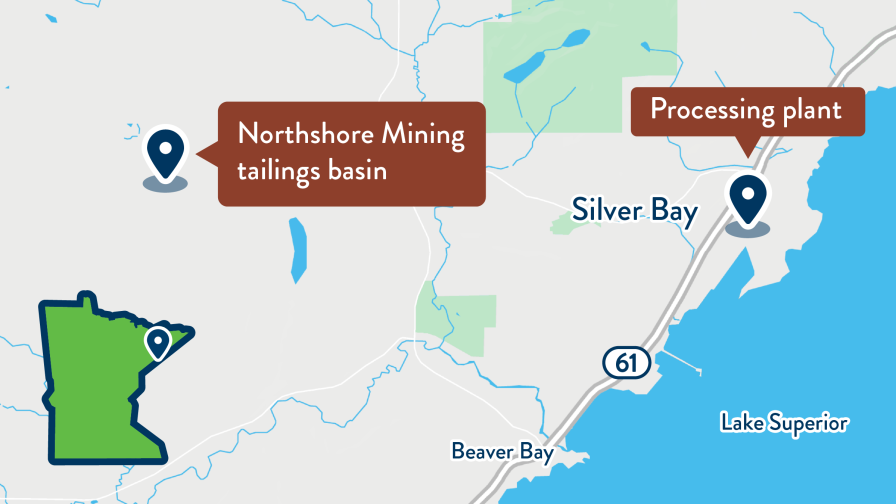 The Northshore Mining processing plant is located in Silver Bay, Minnesota on the north shore of Lake Superior. The tailings basin is located 4 miles west of the processing plant.