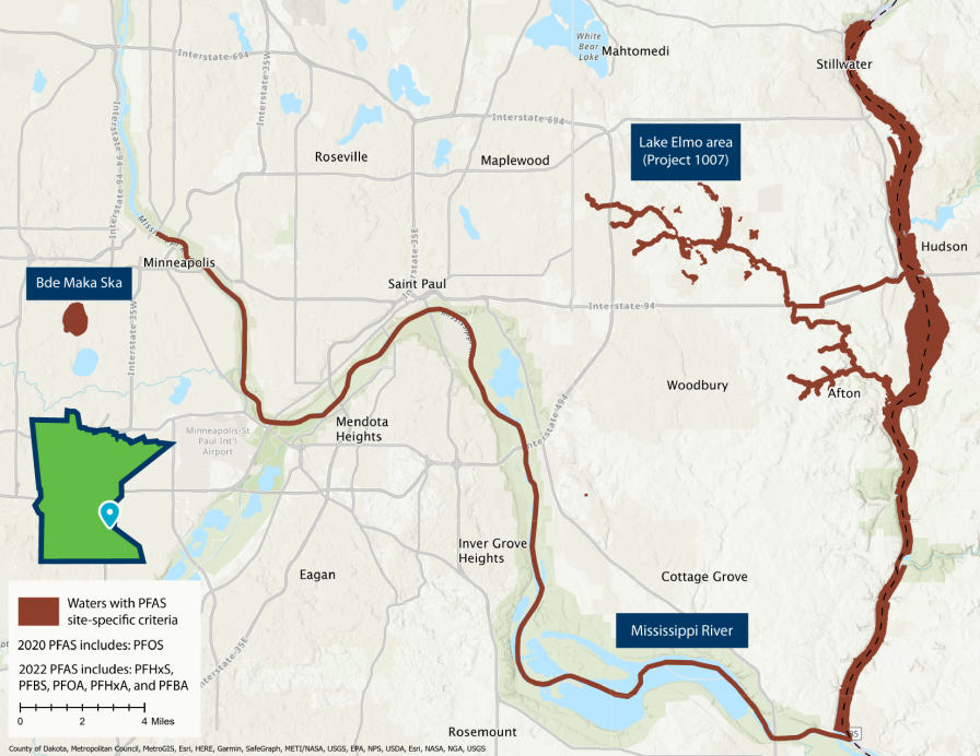 Surface waters with PFAS site-specific criteria are the Mississippi River from south of Cottage Grove to Minneapolis, and the St. Croix River from Cottage Grove to Stillwater.