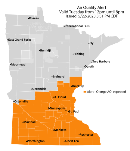 Map showing active air quality alert for southern Minnesota. Air quality is expected to reach the orange AQI category, a level considered unhealthy for sensitive groups.
