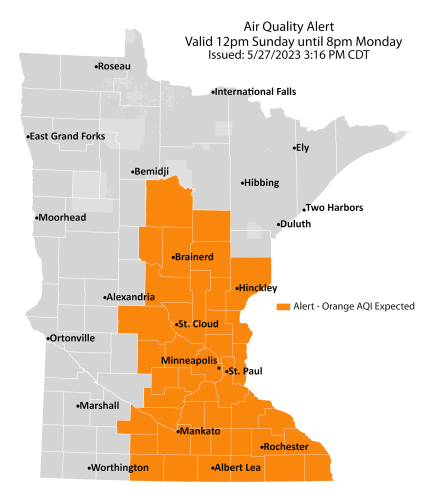 Map showing active air quality alert for east central and southeast Minnesota through Monday, May 29. Air quality is expected to reach the orange AQI category, a level considered unhealthy for sensitive groups.