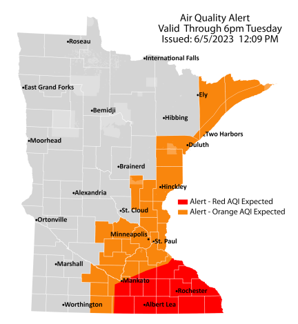 Map showing active air quality alert for east central, southeast, and northeast Minnesota through 6 p.m. on Tuesday, June 6. Air quality is expected to reach the red AQI category, a level which is unhealthy for everyone.