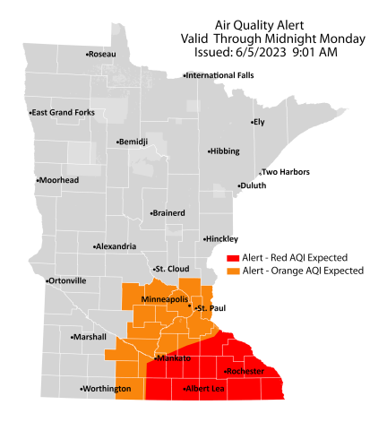 Map showing active air quality alert for east central and southeast Minnesota through midnight, Monday, June 5. Air quality is expected to reach the red AQI category, a level which is unhealthy for everyone.