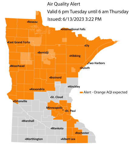 Map showing active air quality alert for northern Minnesota through 6 a.m. on Thursday, June 15, and for southeast Minnesota for Wednesday, June 14 from noon to 8 p.m. Air quality is expected to reach the orange AQI category, a level which is unhealthy for everyone.