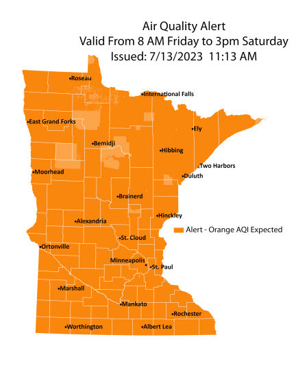 Map showing active air quality alert for all of Minnesota for Friday, June 14 and Saturday, June 15. Air quality is expected to reach the orange AQI category, a level considered unhealthy for sensitive groups.