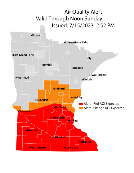 Map showing active air quality alert for southern half of Minnesota until noon on Sunday, July 16. Air quality is expected to reach the red AQI category, a level considered unhealthy for everyone.