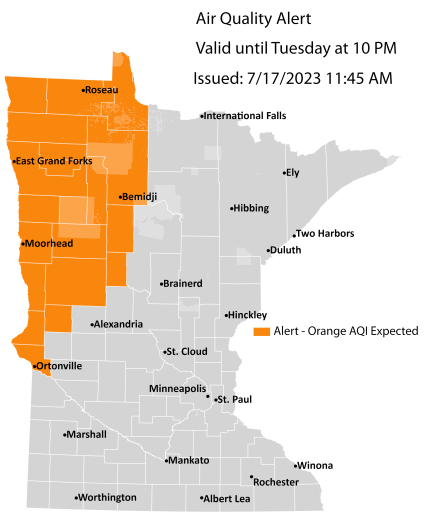 Map showing active air quality alert in the orange category for northwestern and west central Minnesota until 10 p.m. on Tuesday, July 18. 