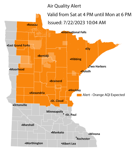 Map showing active air quality alert in the orange category for central and northern Minnesota from 4 p.m Saturday, July 22, until 6 p.m. on Monday, July 24. 