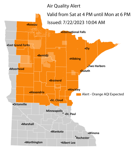 Map showing active air quality alert in the orange category for central and northern Minnesota from 4 p.m Saturday, July 22, until 6 p.m. on Monday, July 24.