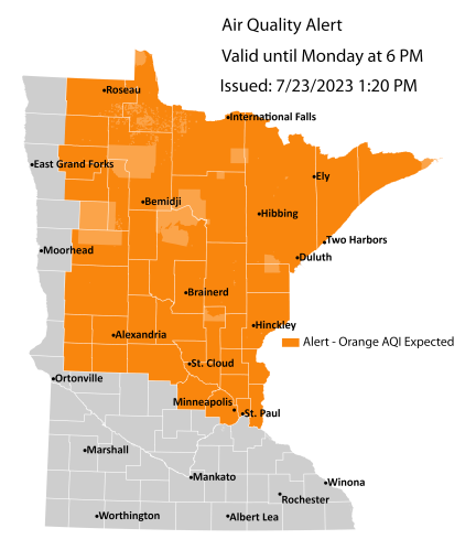 Map showing active air quality alert in the orange category central and northern Minnesota until 6 p.m. on Monday, July 24.