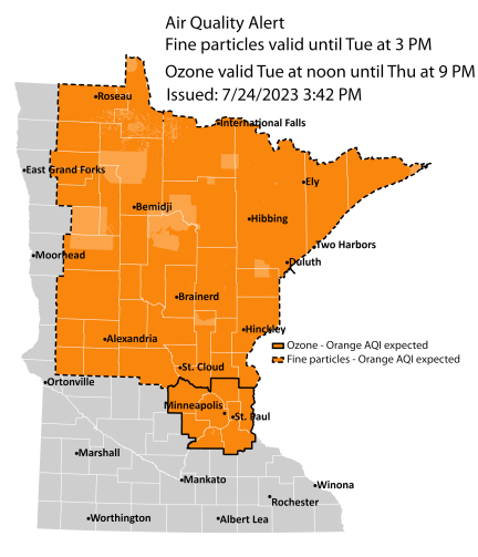 Map showing active air quality alert in the orange category for northern Minnesota until 3 p.m. on Tuesday, Aug. 1