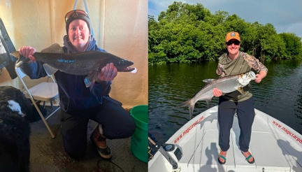 Side by side images of the same woman holding a fish. The left image is in the winter in an ice fishing house. The right image is in the summer standing on a boat.