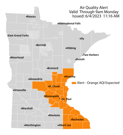 Map showing active air quality alert for east central and southeast Minnesota through Monday, June 5. Air quality is expected to reach the orange AQI category, a level considered unhealthy for sensitive groups.
