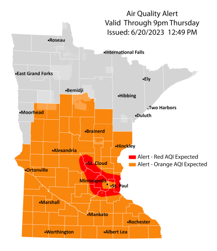 Map showing active air quality alert for Tuesday, June 20, through Thursday, June 22 for central and southern Minnesota. Air quality is expected to reach the orange AQI category, with a small area in red from the Twin Cities to St. Cloud.