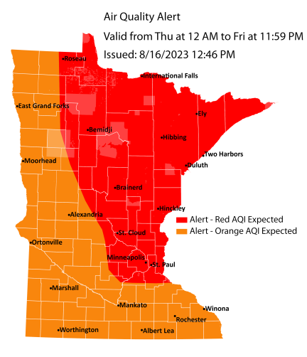Map showing active air quality alert for all of Minnesota until 11 p.m. on Friday, August 18. Air quality is expected to reach the red AQI category in northeast and east central Minnesota, a level considered unhealthy for everyone.