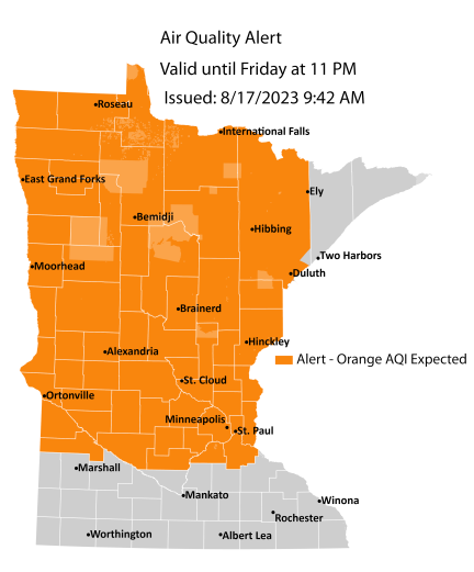 Map showing active air quality alert in the orange category for northern and central Minnesota until 11 p.m. on Friday, August 18.