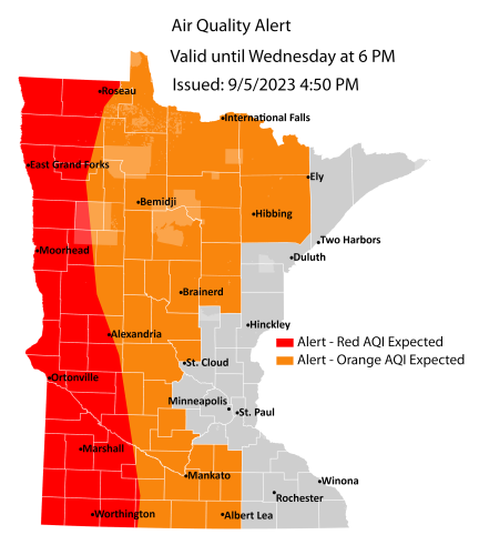 Map showing expanded and upgraded air quality alert in the red and orange categories for western and northerns Minnesota through 6 p.m. on Wednesday, Sept. 6