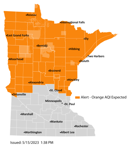 Map of Minnesota showing areas that the air alert is active. Air quality is expected to reach orange in northern Minnesota, which is considered unhealthy for sensitive groups.