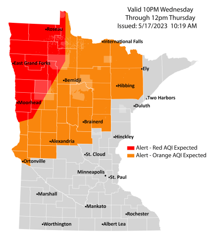 Map showing active air quality alerts in northwest and north central Minnesota. Air quality is expected to reach the red AQI category across northwest Minnesota, a level considered unhealthy for everyone.