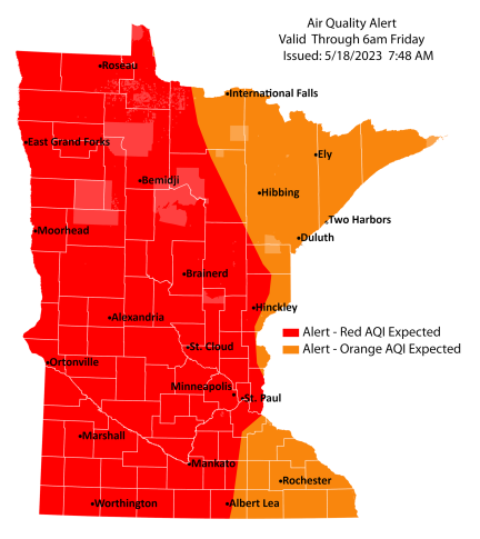 Map showing active air quality alert for the entire state of Minnesota. Air quality is expected to reach the red AQI category across most of Minnesota, a level considered unhealthy for everyone.