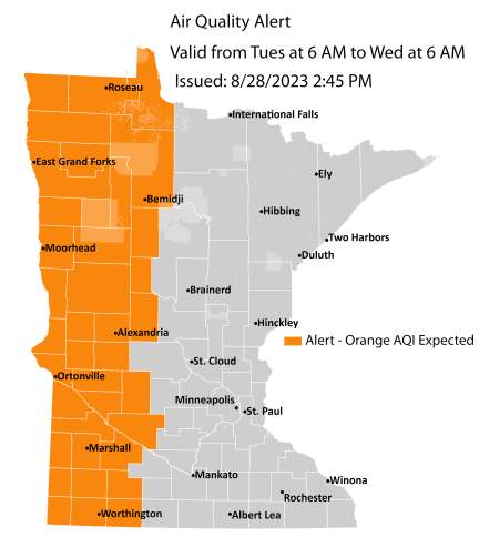 Map showing active air quality alert in the orange category for western Minnesota through Wednesday, August 30. 