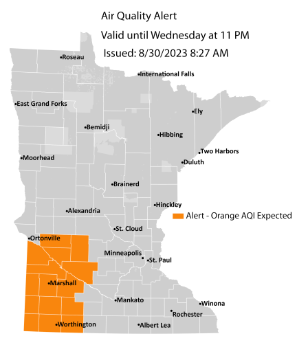 Map showing active air quality alert in the orange category for western Minnesota through 11 p.m. on Wednesday, August 30.