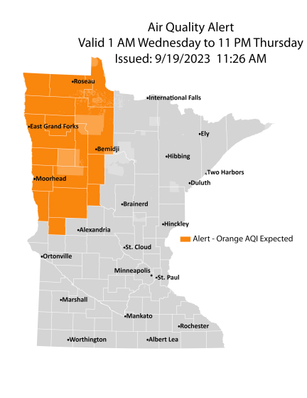 Map showing active air quality alert in the orange category for northwestern Minnesota.
