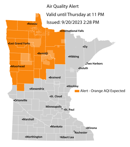 Map showing active air quality alert in the orange category for northwestern Minnesota.