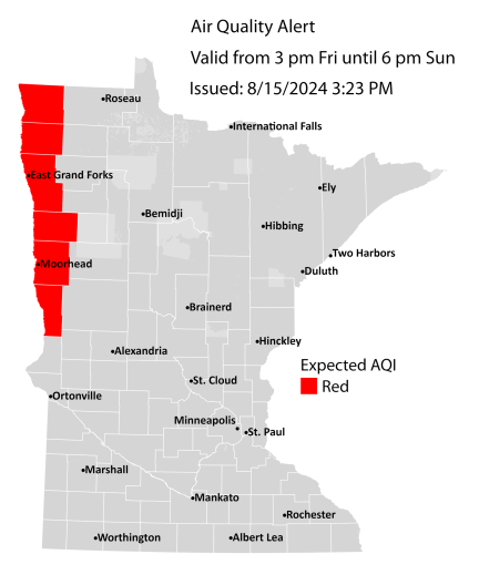 Map showing active air quality alert in the red category for northwest Minnesota.