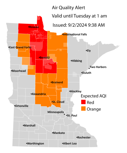 Map showing active air quality alert in the red and orange category for north central and northwest Minnesota.