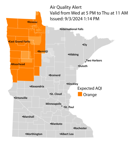 Map showing active air quality alert in the orange category for northwest Minnesota.