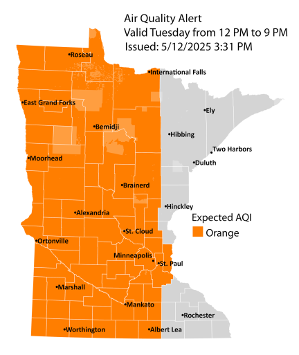 Map showing active air quality alert in the orange category for the western two-thirds of Minnesota, including the Twin Cities metro area.