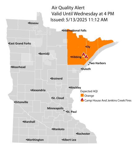 Map showing active air quality alert in the orange category for North Eastern Minnesota, including Hibbing and Ely.