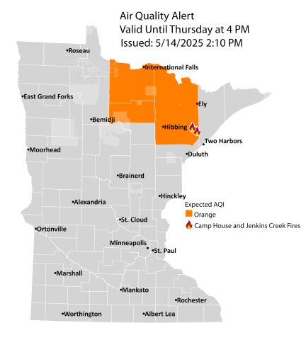 Map showing active air quality alert in the orange category for St. Louis, Itasca, and Koochiching counties in northeast Minnesota, including International Falls, Hibbing, and Ely.