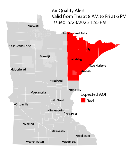 Map showing active air quality alert in the red category for northeastern Minnesota, including Duluth, Hibbing, Ely, and Two Harbors.