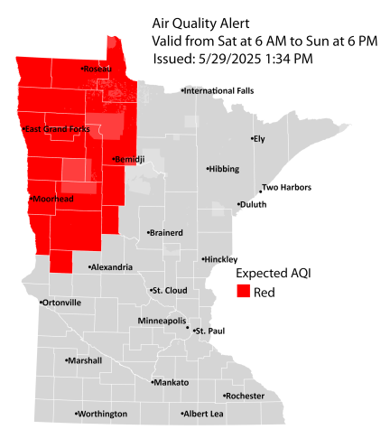 Map showing active air quality alert in the red category for northwestern Minnesota, including Roseau, East Grand Forks, Bemidji, and Moorhead from Saturday, May 31, at 6 a.m. until Sunday, June 1, at 6 p.m.