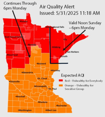 Map showing active air quality alert in the red category for northern Minnesota and the orange category for the rest of the state. The alert runs until 6 p.m. on Monday, June 2.