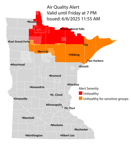 Map showing active air quality alert in the red or unhealthy category, and in the orange or unhealthy for sensitive groups category, across northwest, north central, and northeast Minnesota. The alert runs until 7 p.m. on Friday, June 6. 