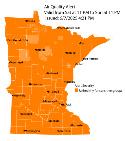 Map showing active air quality alert in the orange air quality index (AQI) for all of Minnesota. The alert takes effect at 11 p.m. on Saturday, June 7 and runs until 11 p.m. on Sunday, June 8.