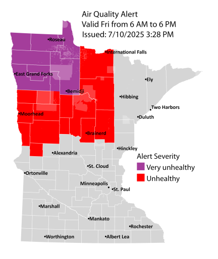 Map showing active air quality alert in the purple and red air quality index (AQI) categories for northwest and north central Minnesota. The alert runs until 6 p.m. on Friday, July 11.