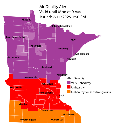 Map showing active air quality alert in the purple, red, and orange air quality index (AQI) categories covering the state of Minnesota. The northern half of the state is purple, the central section is red, and the bottom section is orange. The alert runs until 9 a.m. on Monday, July 14.