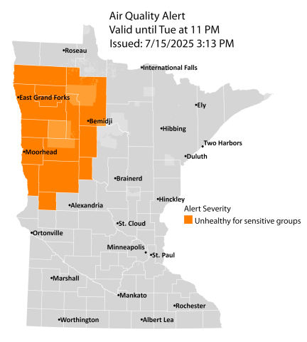 Map showing active air quality alert in the orange air quality index (AQI) for west central and northwest Minnesota. The alert runs until 11 p.m. on Tuesday, July 15.