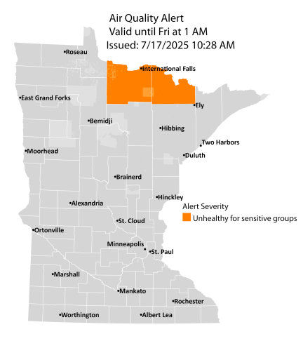 Map showing active air quality alert in the orange air quality index (AQI) for portions of north central and northeast Minnesota. The alert runs until 1 a.m. on Friday, July 17.