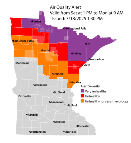 Map showing active air quality alert in the purple, red, and orange air quality index (AQI) categories for the northwest, north central, and northeast third of Minnesota. The alert runs until 9 a.m. on Monday, July 21.