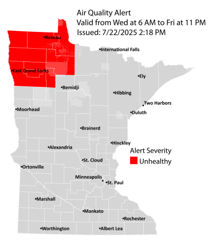 Map showing active air quality alert in the red air quality index (AQI) for counties in northwest Minnesota. The alert runs from 6 a.m. on Wednesday, July 23, until 11 p.m. on Friday, July 25, 2025.