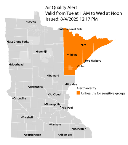 Map showing active air quality alert in the orange category for northeast Minnesota